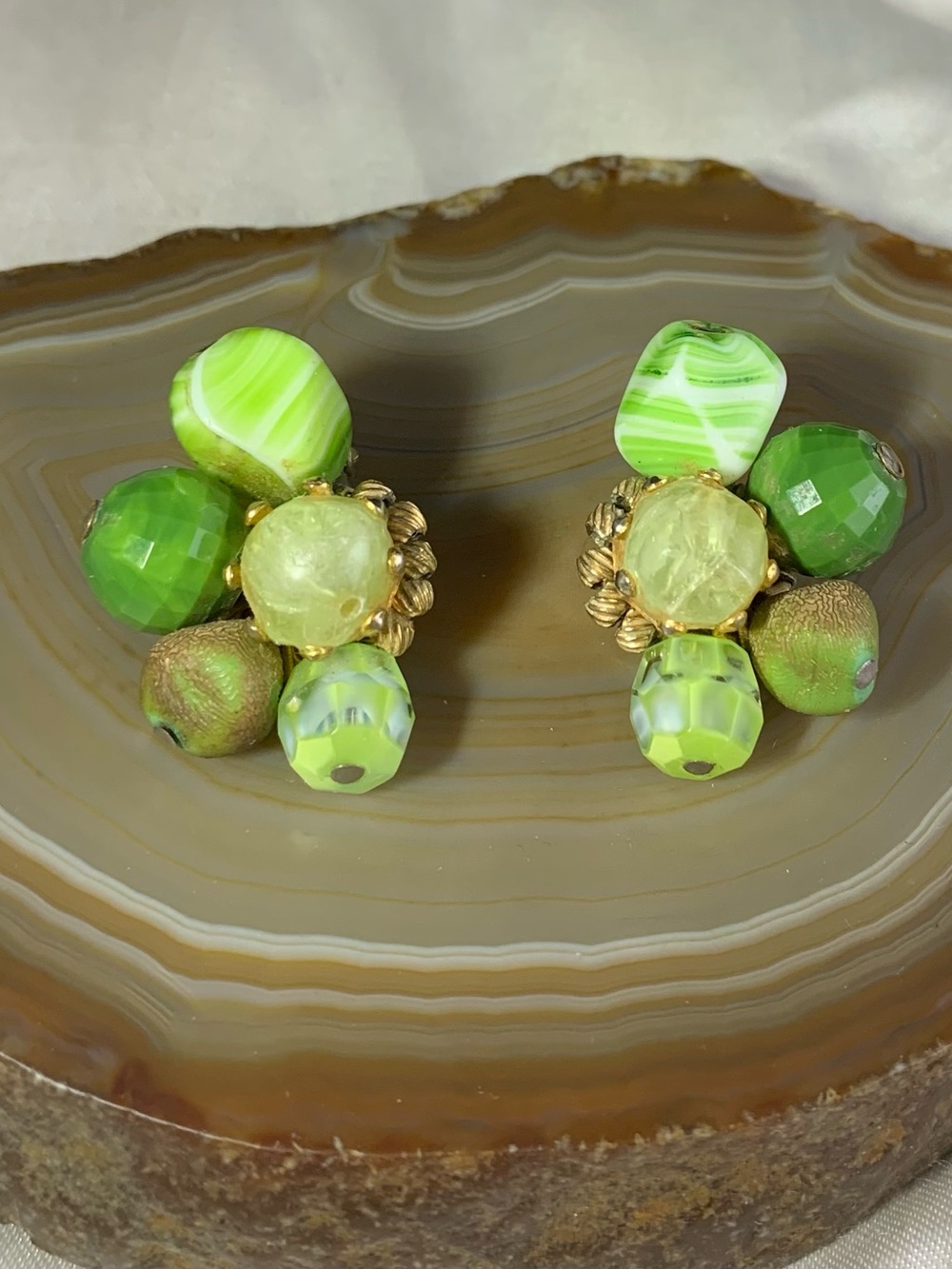 Vintage Hattie Carnegie Green Cluster Bead Earrings ,Classic Mid century.clip on
